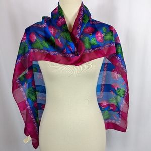 Silken Polyester by Berkshire Square Scarf Pink Blue Floral Flowers Striped Vtg